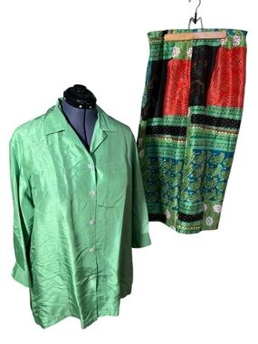 Vintage Silk Collection by Harve Benard Women's Silk Pant Set Green Brown Red